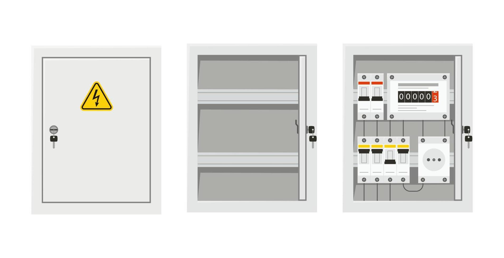 Panel de interruptores de energía eléctrica con puerta abierta y cerrada. caja de fusibles. ilustración vectorial aislada en estilo plano vector