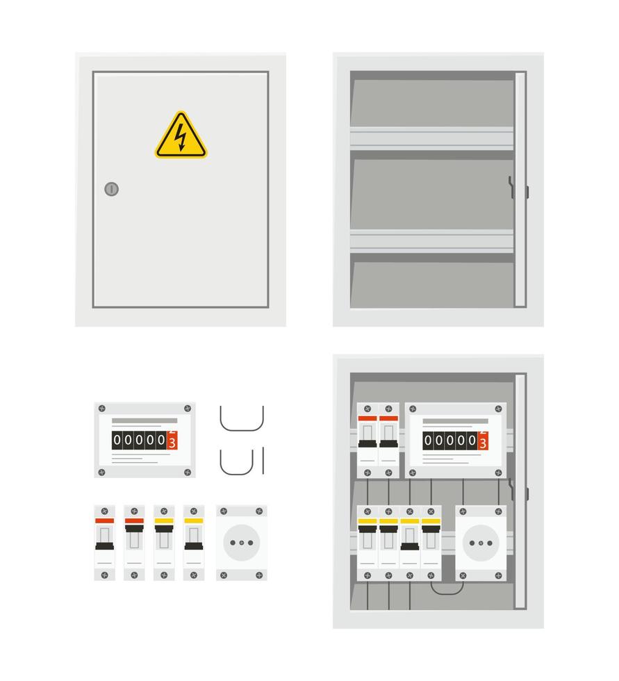 Panel de interruptores de energía eléctrica con puerta abierta y cerrada. caja de fusibles. ilustración vectorial aislada en estilo plano vector