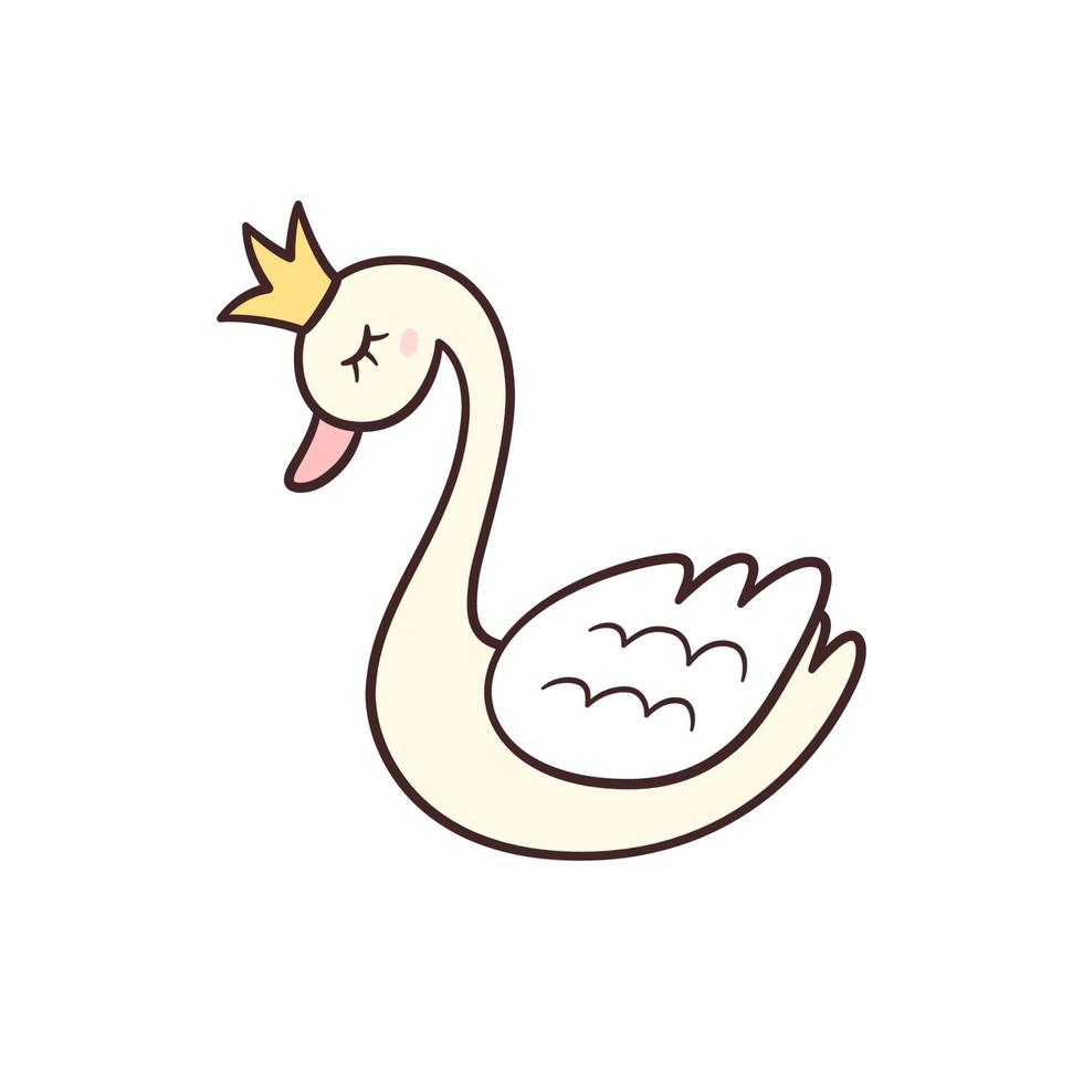 Little Princess Swan with crown. Isolated vector illustration in doodle style