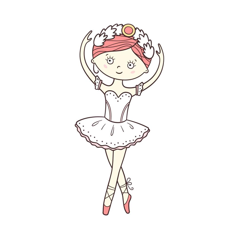 Little cute ballerina in pointe shoes and dress. Isolated vector illustration in doodle style