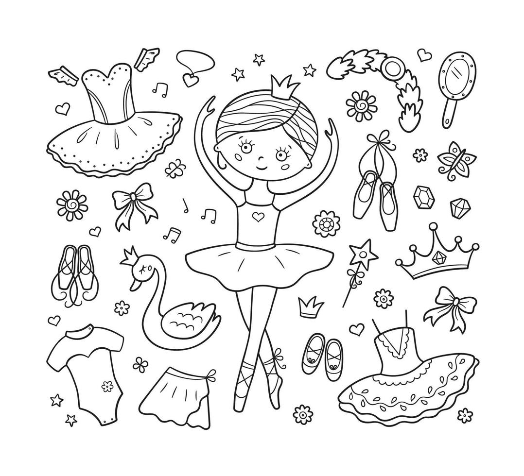 Little ballerina and a set of ballet accessories. Hand drawn tutu, pointes, ballet dress, swan, crown. Isolated vector illustration in doodle style