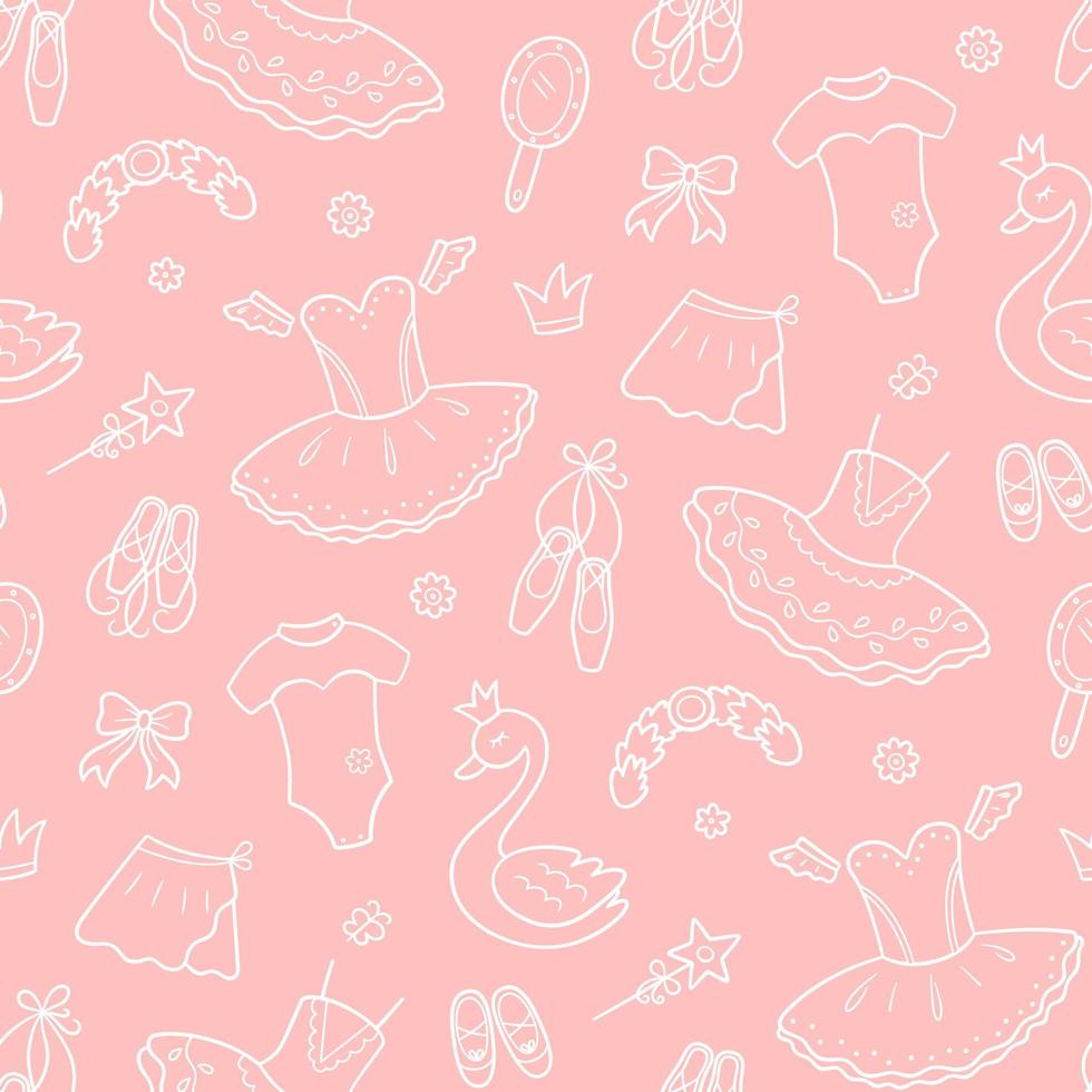 Seamless pattern for little ballerina with ballet accessories. Hand drawn tutu, pointes, ballet dress, swan, crown. vector