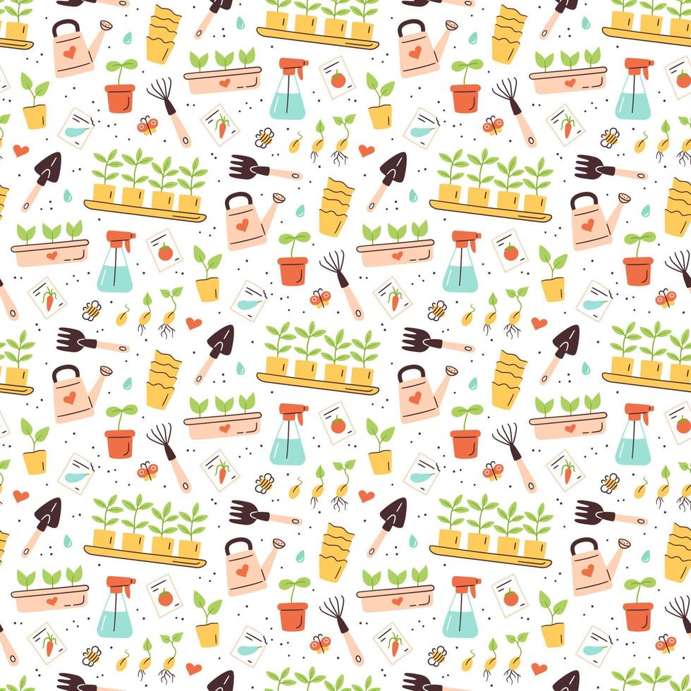 Seamless pattern with seeds and seedlings. Germination of sprouts. Tools and pots for planting vector