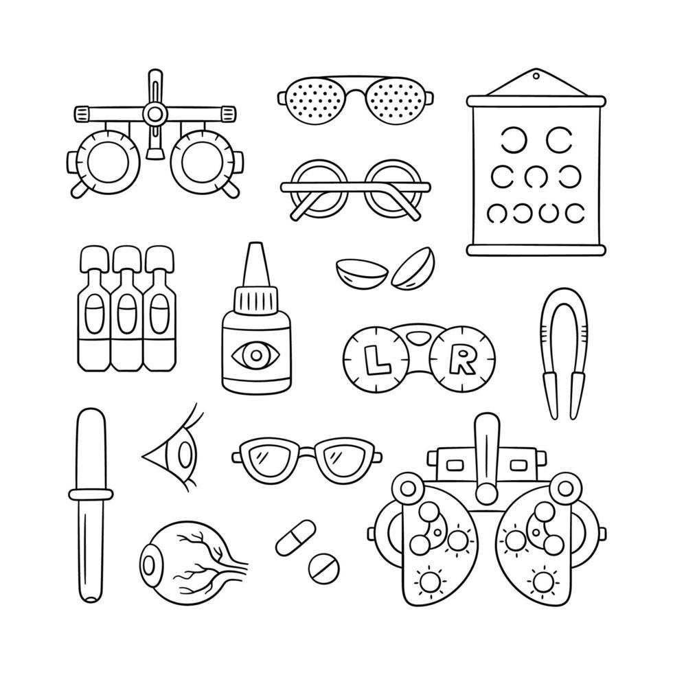 Ophthalmology hand drawn set. Contact lens, eyeball, glasses, phoropter and more. Optometry doodle objects vector