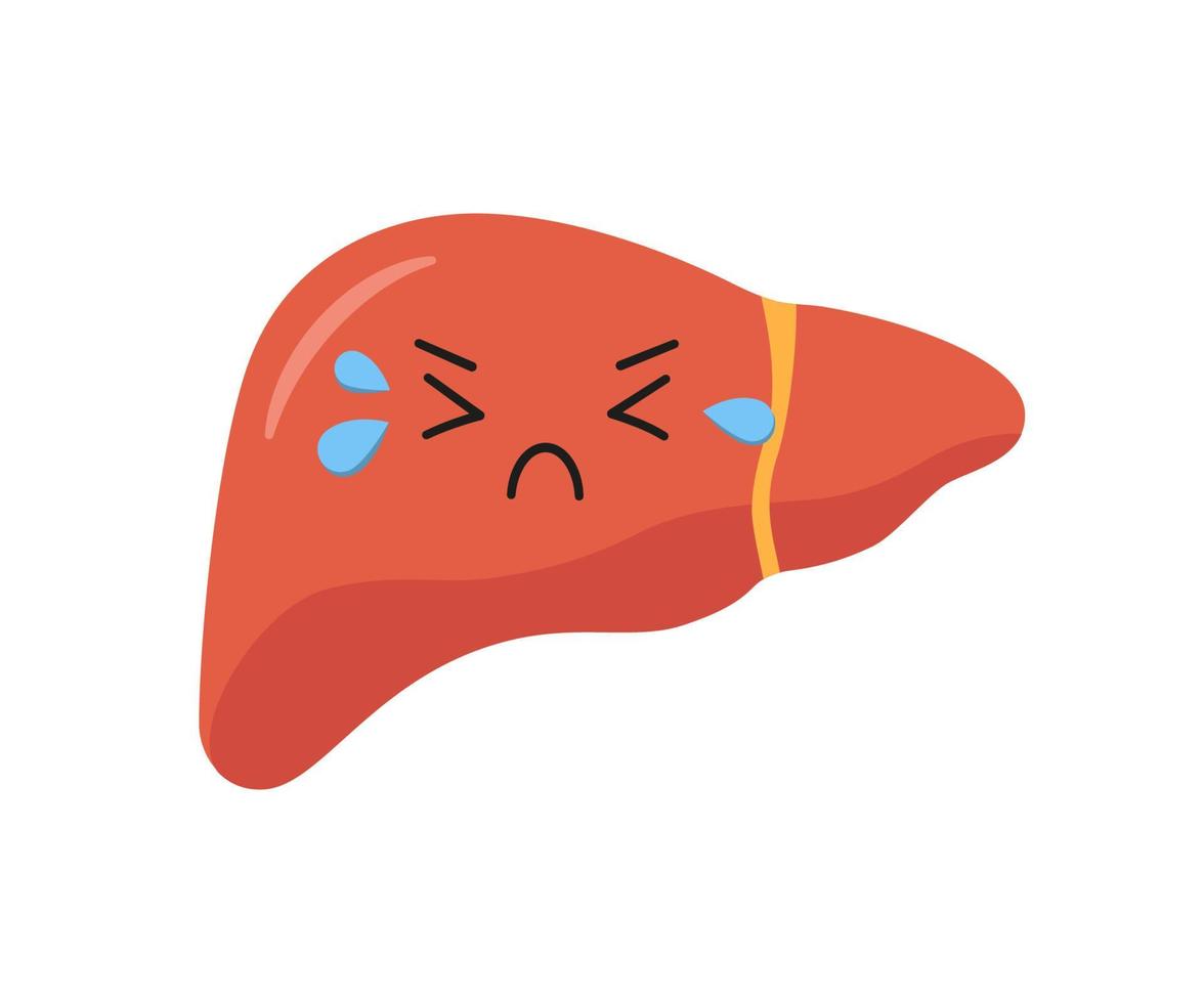 Sad sick unhealthy fibrosis liver character. Vector illustration in flat and cartoon style