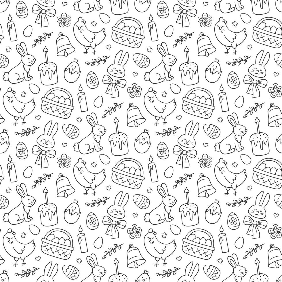 lindo pascua doodle de patrones sin fisuras con conejito, canasta, huevos de pascua, pasteles, pollo, ramitas de sauce y velas. vector dibujado a mano ilustración