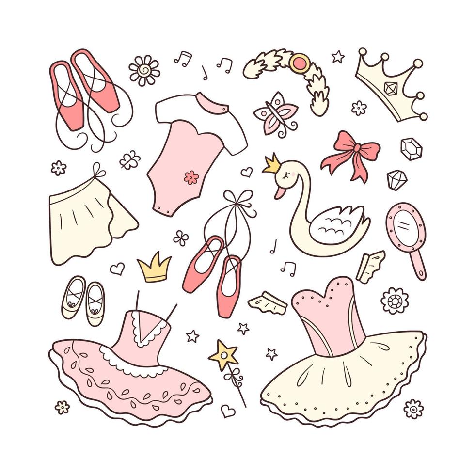 Little ballerina and a set of ballet accessories. Hand drawn tutu, pointes, ballet dress, swan, crown. Isolated vector illustration in doodle style