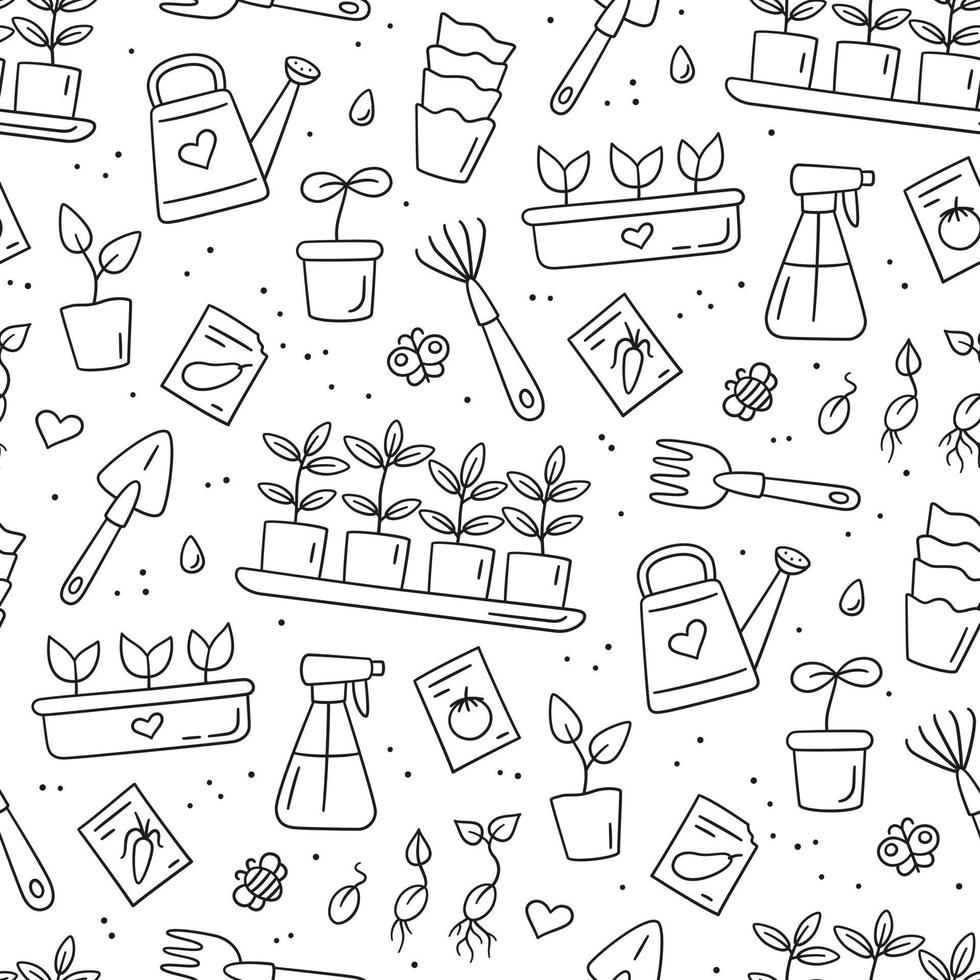 Seamless pattern with seeds and seedlings. Germination of sprouts. Tools and pots for planting vector