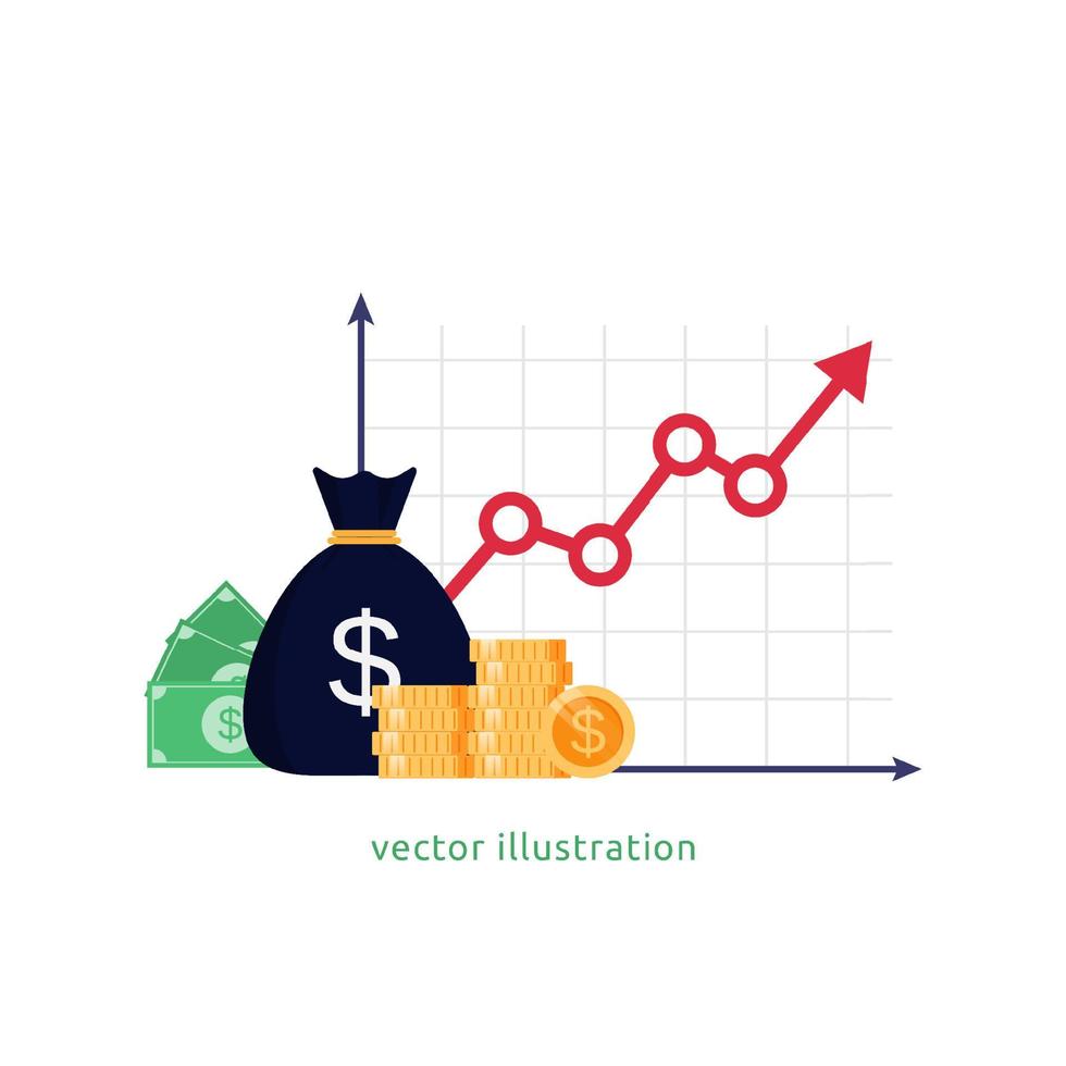 Beneficio empresarial con mayor flecha y saco de dinero símbolo ilustración vectorial vector