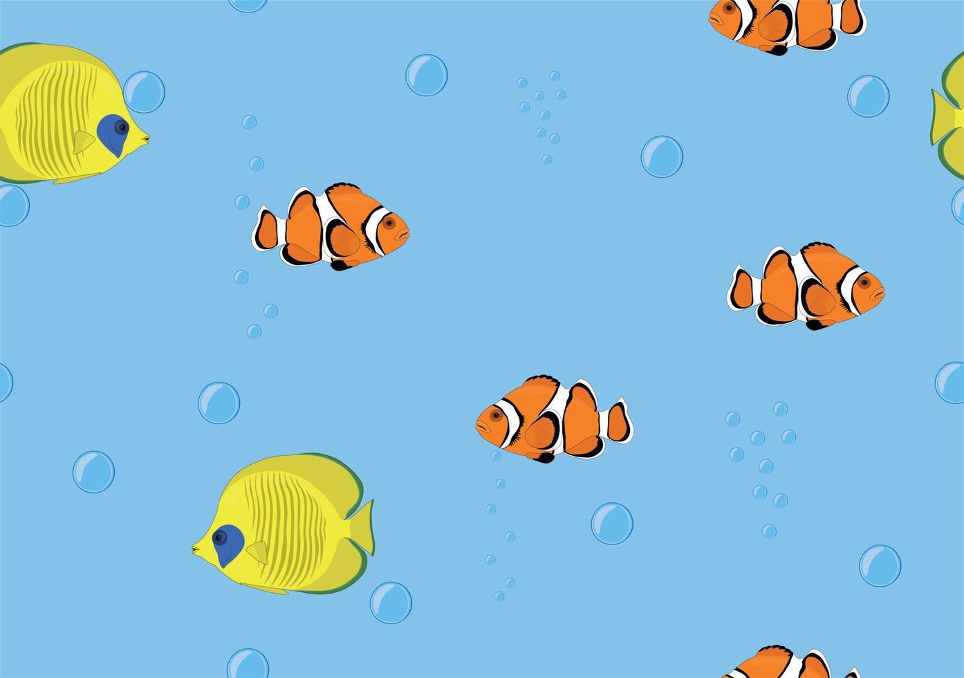 Seamless background tropical fish butterflyfish, clownfish in water vector illustration