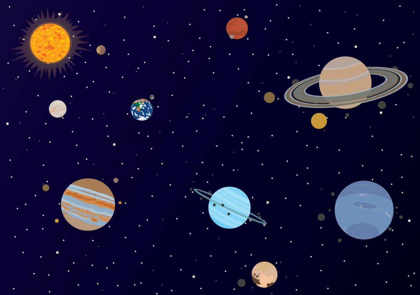 Sistema solar con sol, planetas y satélites ilustración vectorial vector