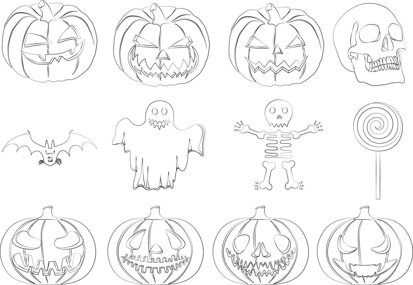 Calabazas de Halloween, calavera, murciélago, esqueleto, fantasma y siluetas de piruletas ilustración vectorial vector