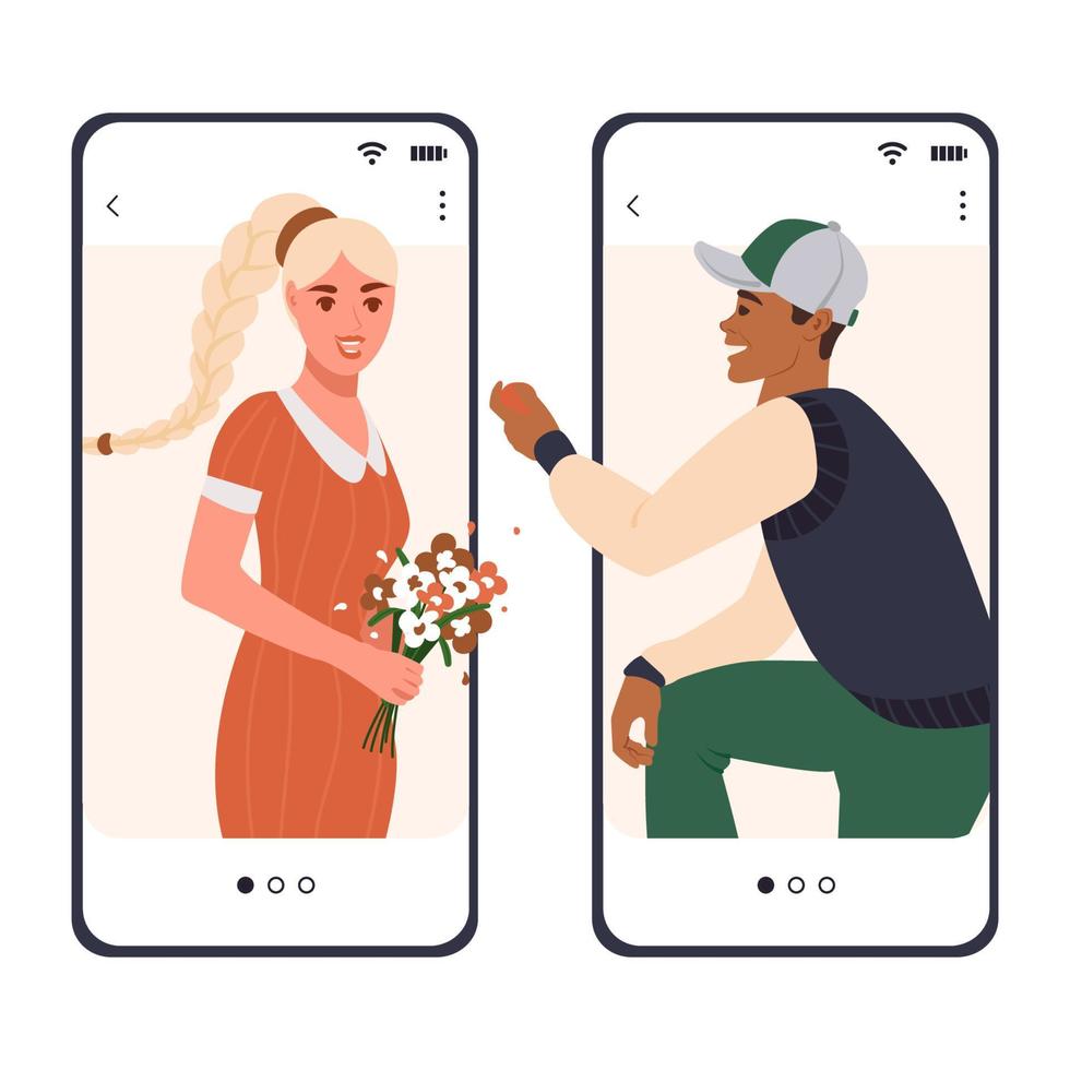 A guy makes marriage proposal to his girlfriend online on a mobile phone screen. Romantic relationships on the Internet. Flat vector illustration