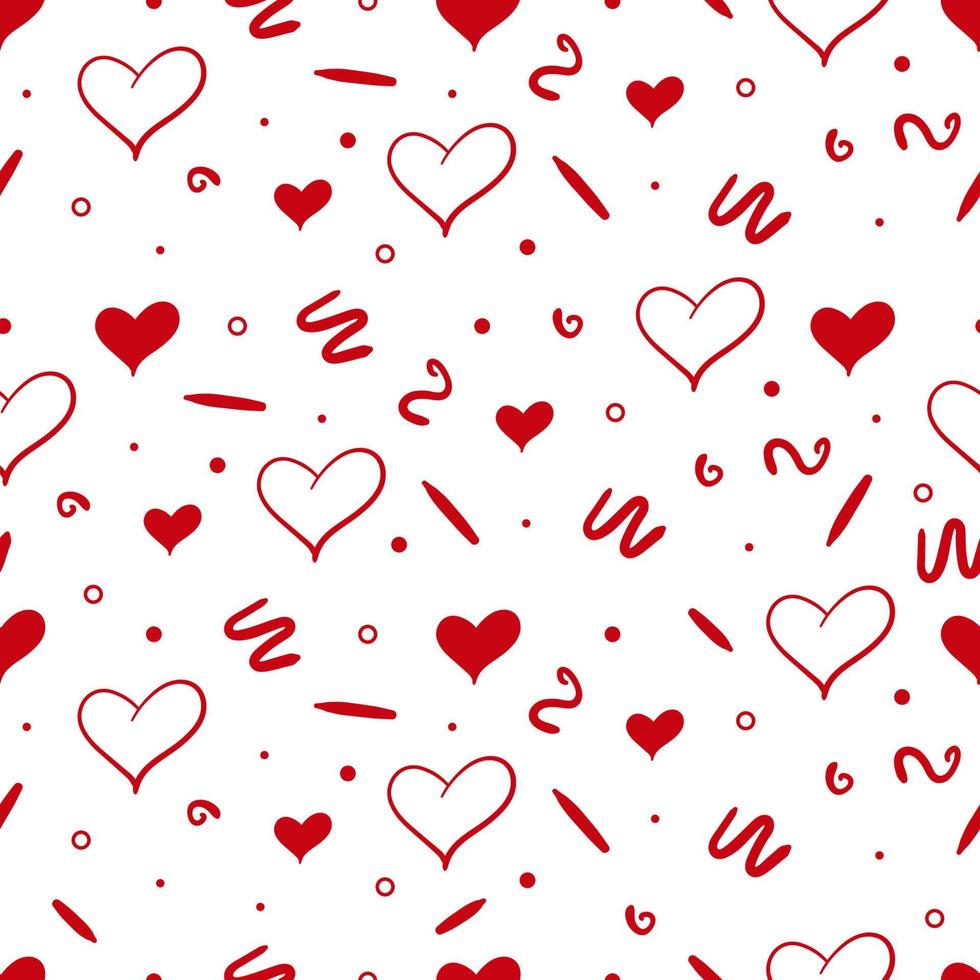 Seamless pattern with doodle shapes and red hearts. Flat vector background for festive wrapping paper for valentine's day