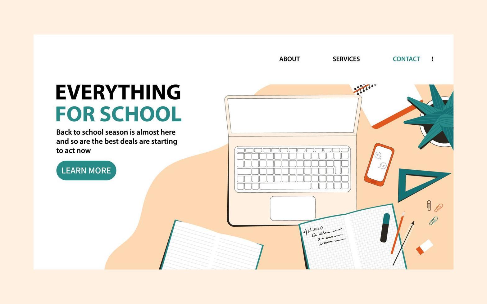 Landing page with school supplies for ordering online stationery. Flat vector illustration