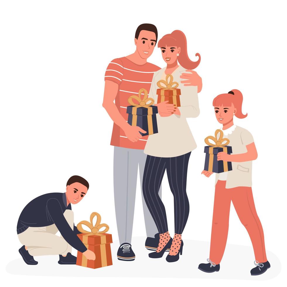 familia feliz con cajas de regalos para navidad y año nuevo. ilustración vectorial plana aislada vector