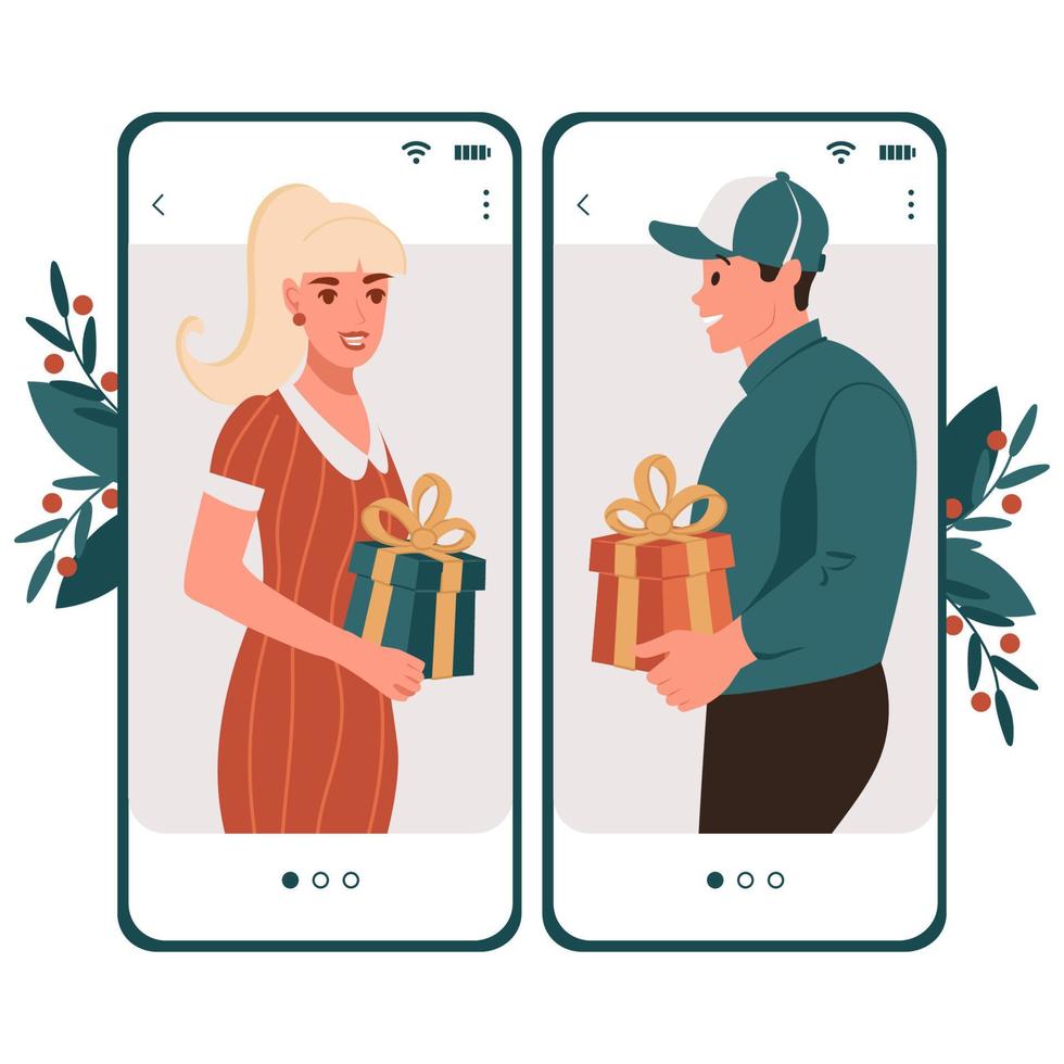 A guy and a girl give a box with a gift for Christmas and New Year on the smartphone screen. Online congratulations. Flat vector illustration of mobile app