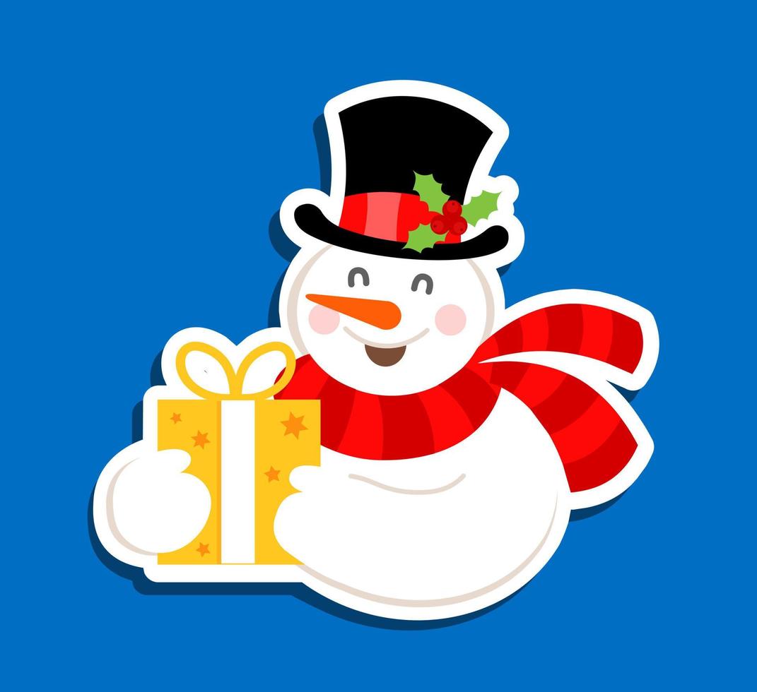 Cheerful snowman with a box of gifts. New Year. Vector illustration