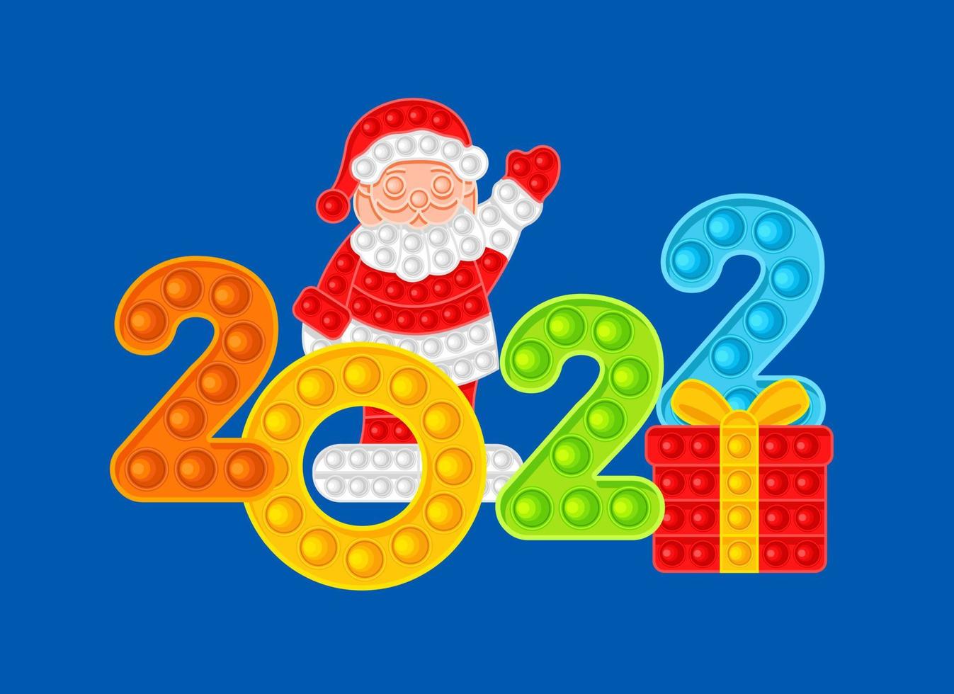 Gifts, Santa Claus and colored numbers 2022. Symbols of the New Year, anti-stress toy. Vector illustration on blue background