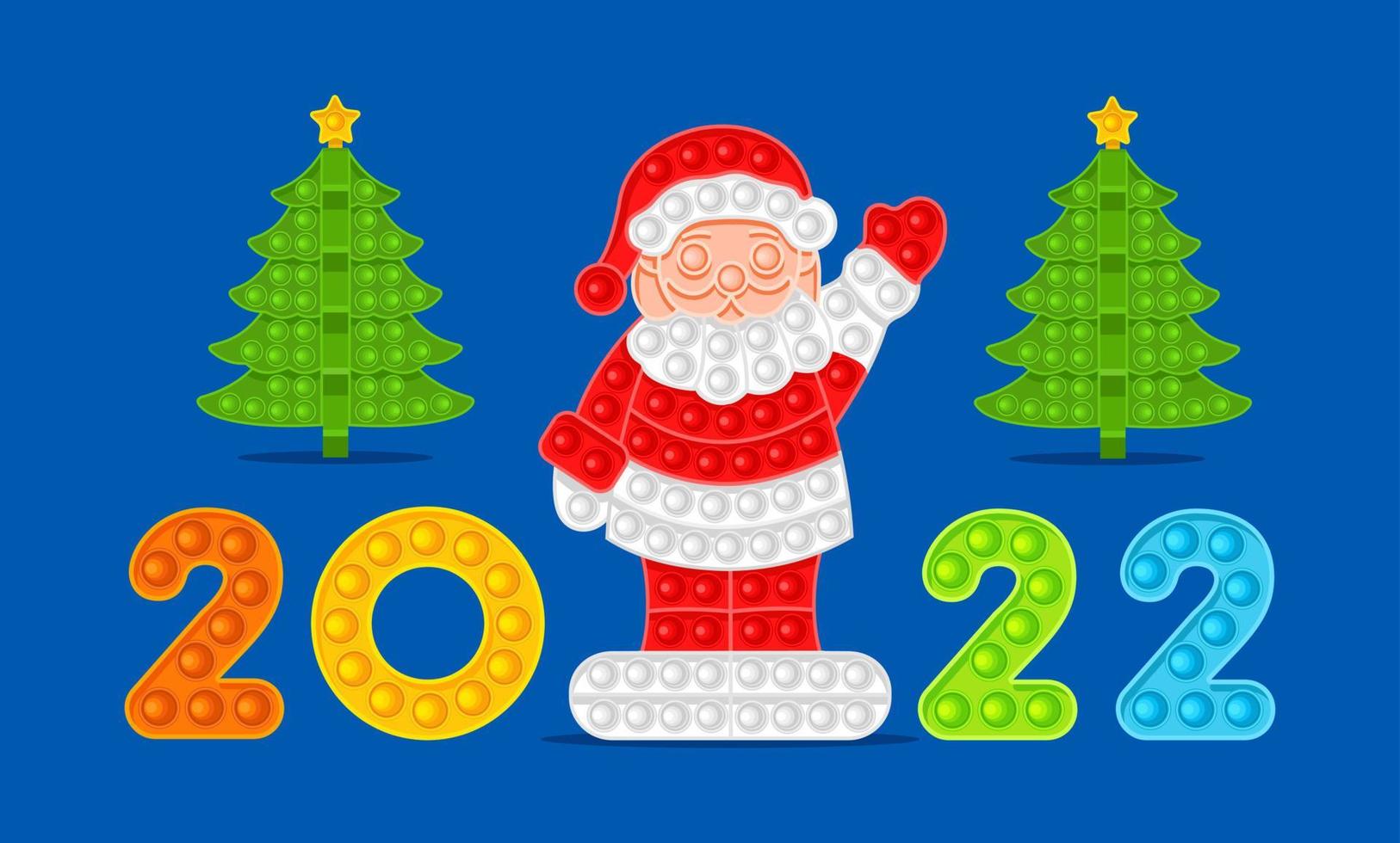 Santa Claus, Christmas trees and colored numbers 2022. Symbols of the New Year, anti-stress toy. Vector illustration