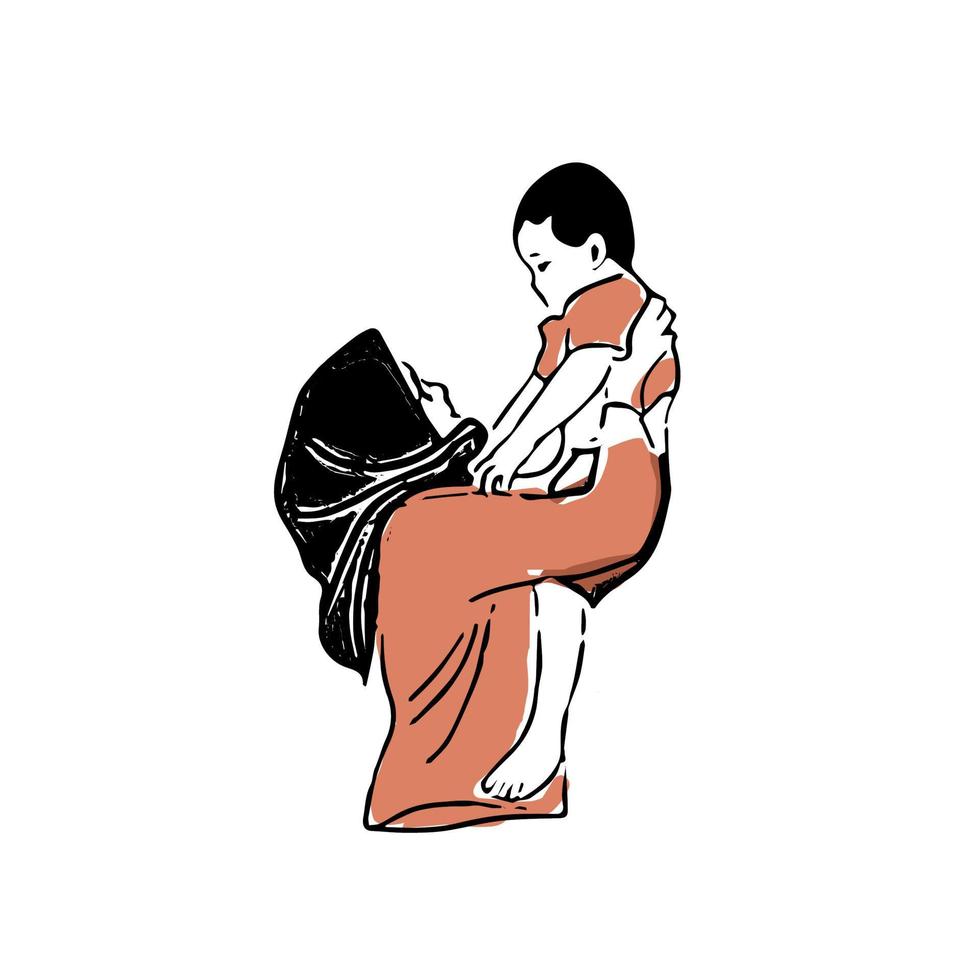 the child is being carried by his mother on a white background vector