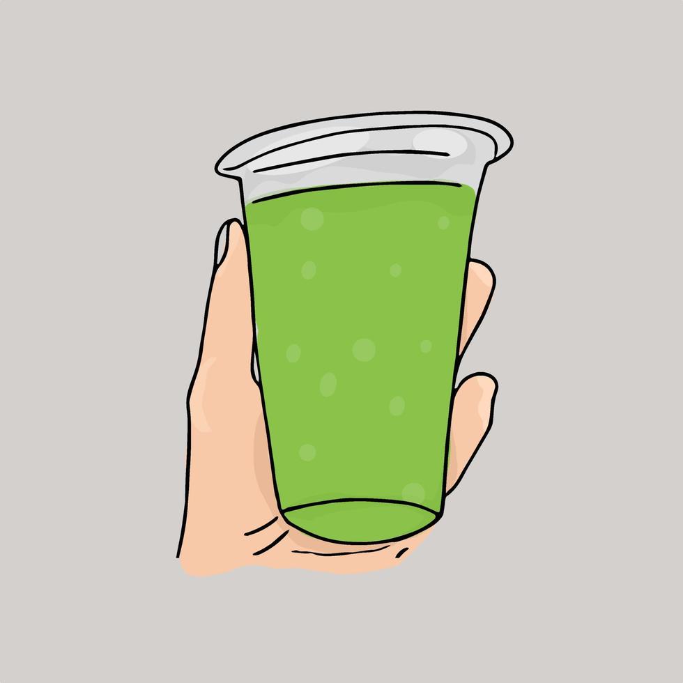 vector illustration of hand holding avocado juice