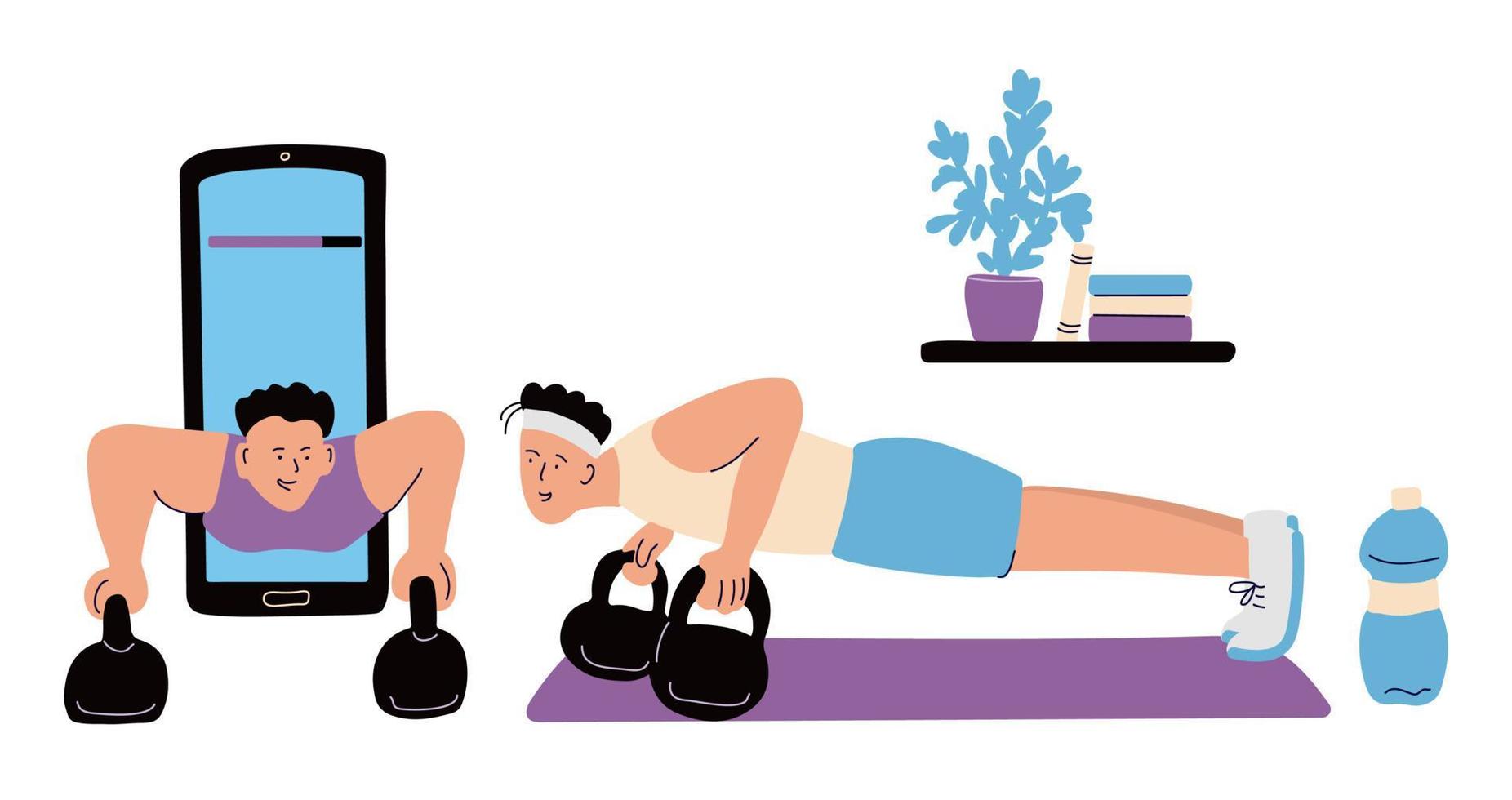 A man training  at home with his coach in a smartphone. vector