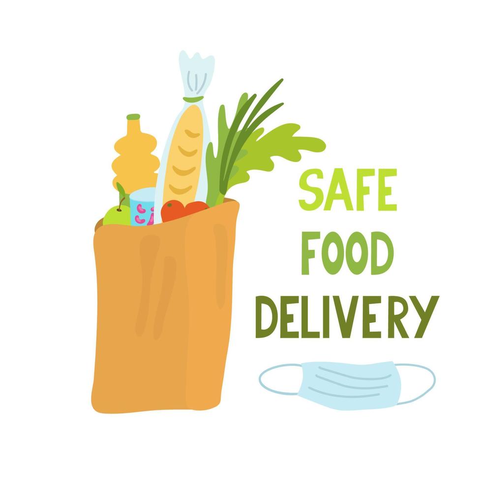 Safe food delivery. Hand drawn lettering and Illustration of a package full of food and protective mask. vector