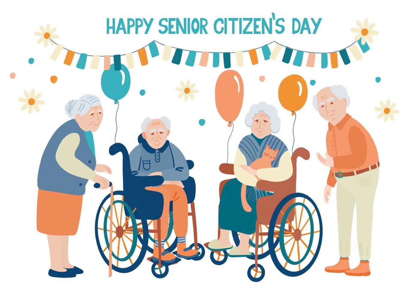 Happy senior citizens day. Lettering and illustration of senior men and women with balloons, bunting party flags vector