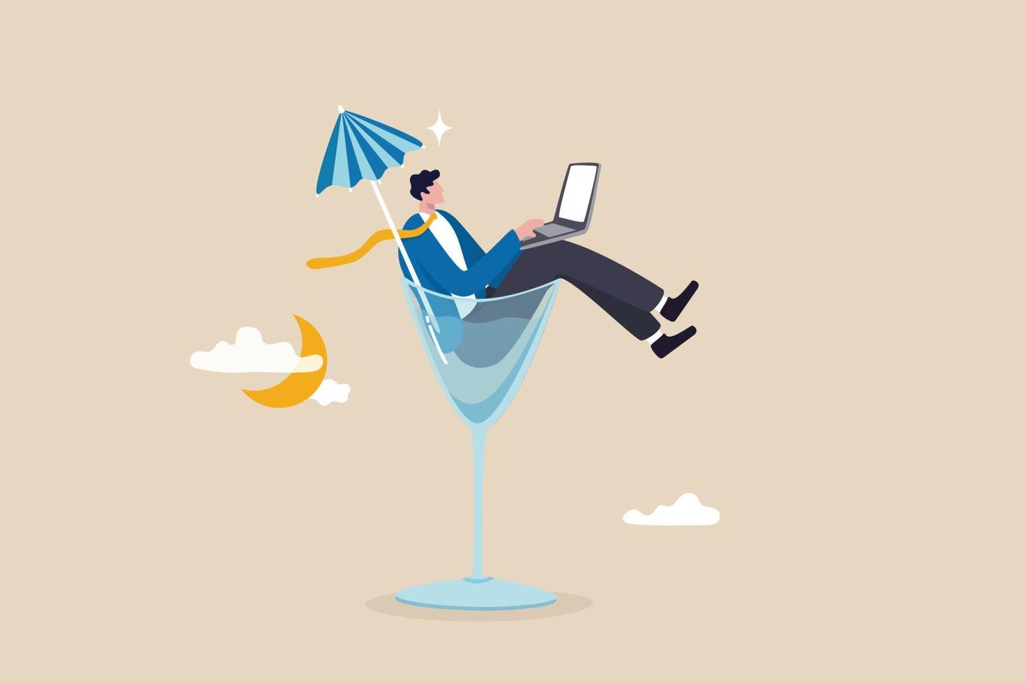 Work anywhere anytime, hybrid work or flexible hour for employee choice to choose where and when to work concept, businessman relax working remotely with computer laptop in cocktail glass at night. vector