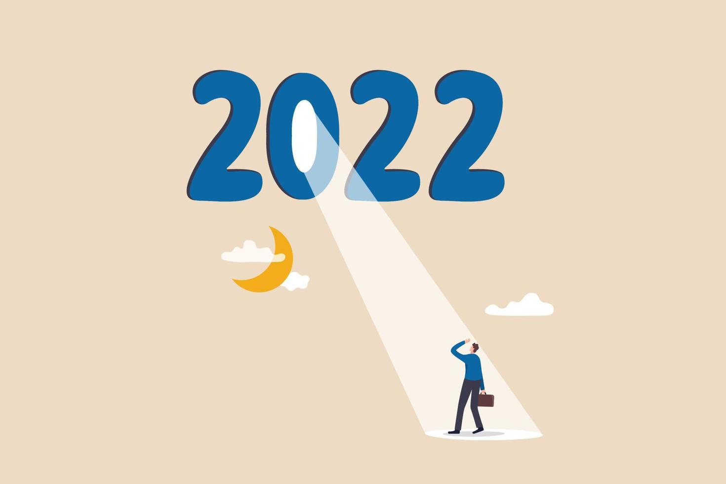 año 2022 oportunidad de negocio, futuro brillante en recuperación económica, esperanza o motivación para superar el concepto de dificultad, año 2022 con foco brillante desde el número cero iluminado sobre empresario esperanzado. vector