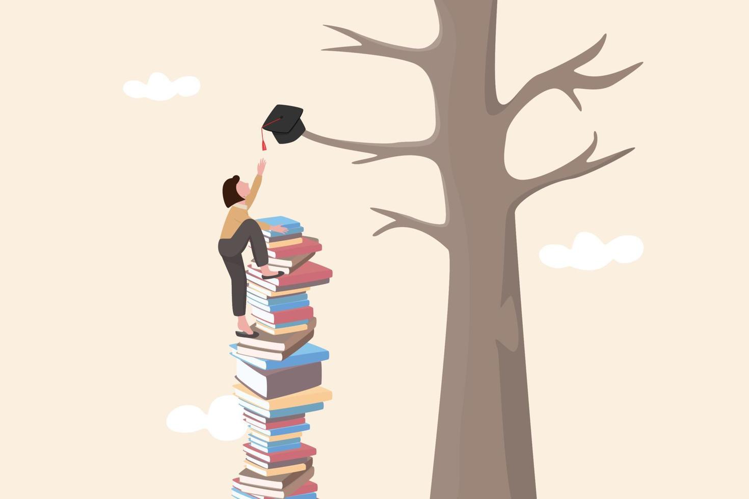 Building knowledge and skill for success opportunity and career growth, help create self-motivation and creativity, graduated woman climb stack of book and try reaching out mortarboard hanging on tree vector