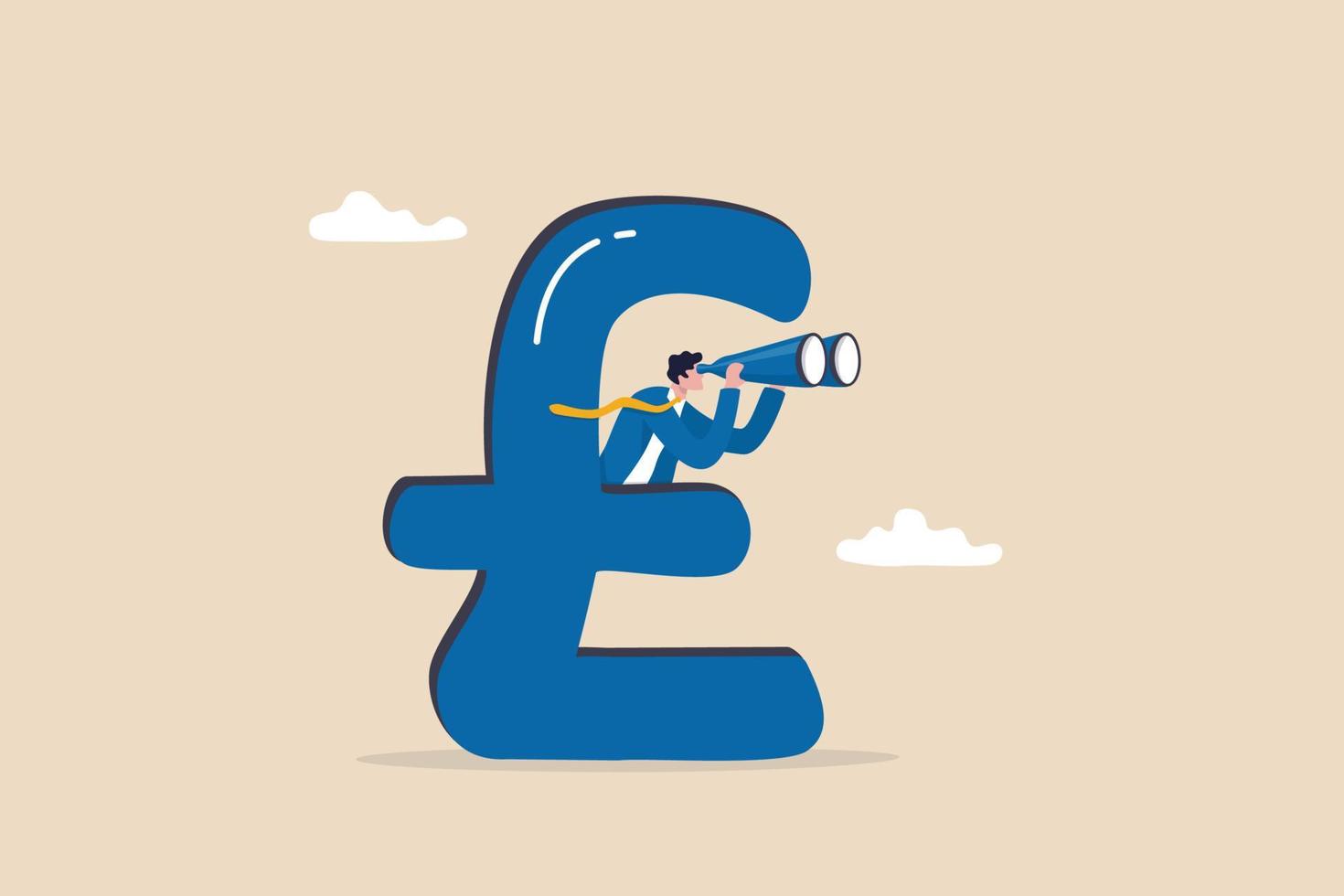 UK, United Kingdom economy forecast, financial or business visionary, England investment profit opportunity concept, businessman hiding behind large UK currency pound using binoculars to see future. vector