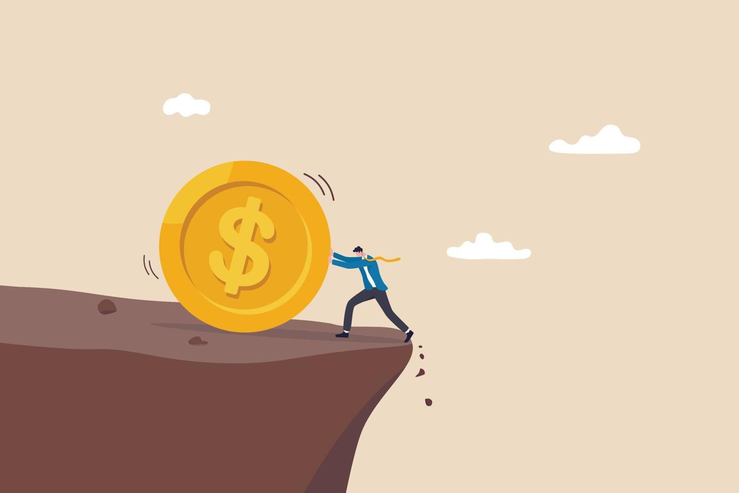 Debt, loan payment or mortgage problem, financial failure or  investment risk, bankruptcy, spending or money mistake concept, frustrated businessman try so hard to push huge money coin from the cliff. vector