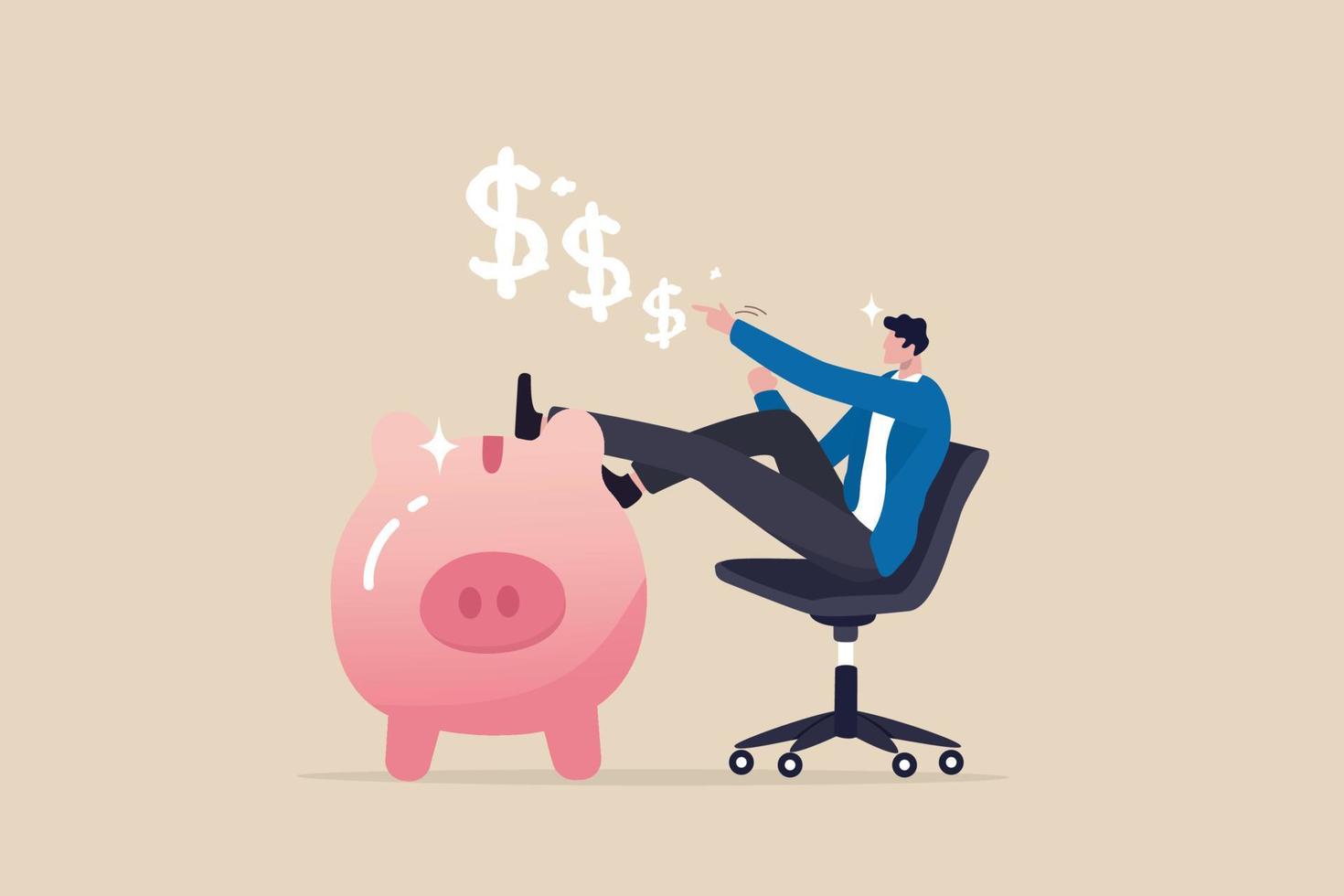 Personal finance expert, success salary man with high saving rate, investment or wealth management, income tax concept, confidence businessman sit with wealthy piggy bank thinking about money profit. vector