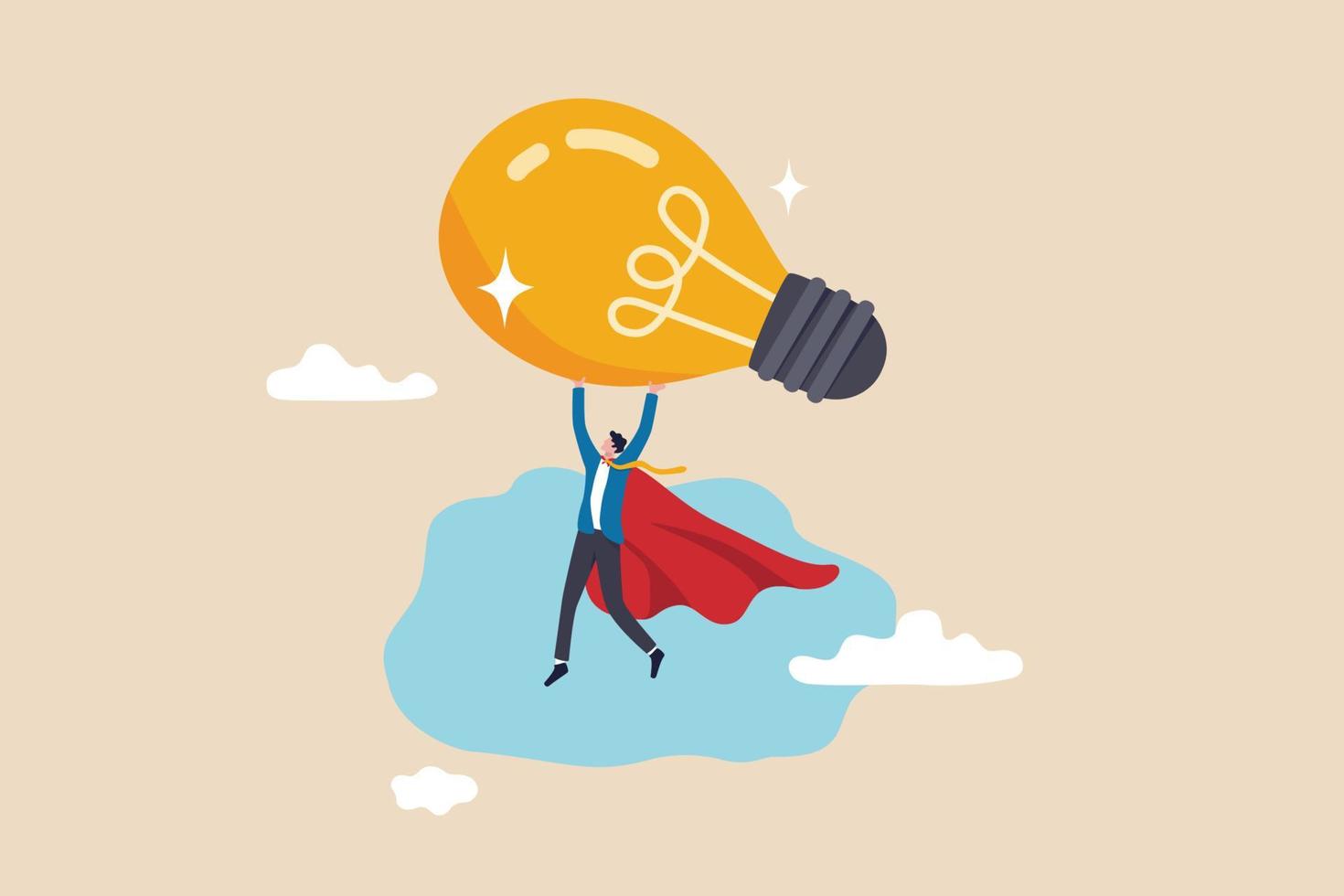 Big idea to boost business success, super power or creativity to win business competition, innovation or imagination concept, genius businessman superhero flying while carrying big light bulb idea. vector