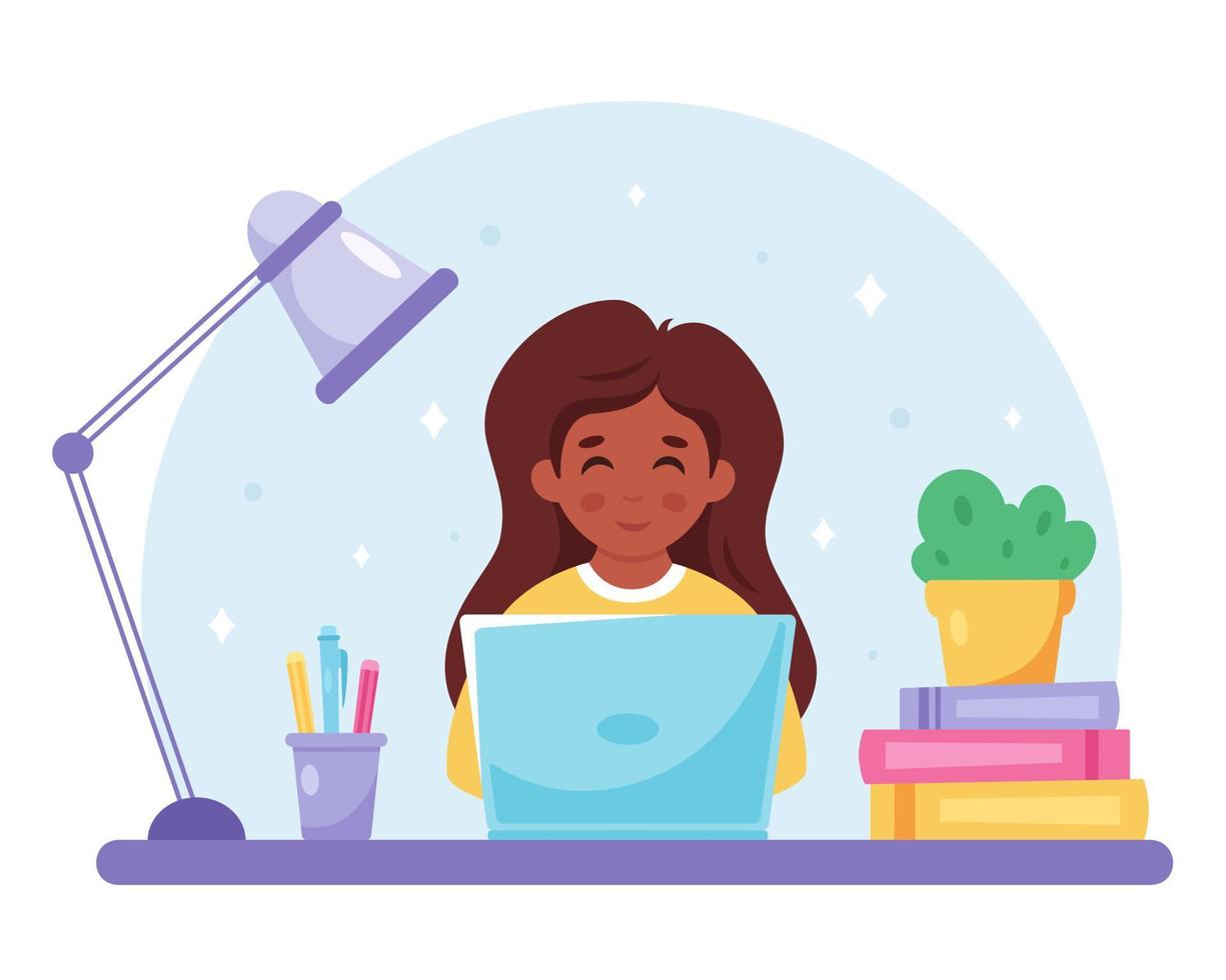 Black girl studying with computer. Online learning, back to school vector