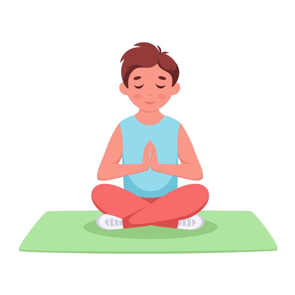 niño meditando en posición de loto. gimnasia, meditación para niños vector
