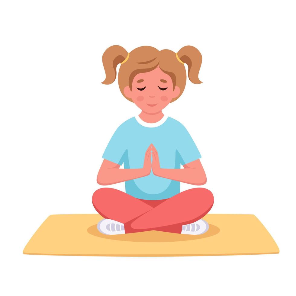 chica meditando en posición de loto. gimnasia, yoga y meditación para niños vector