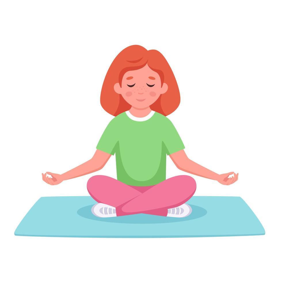 niña meditando en posición de loto en la estera de yoga. gimnasia, meditación para niños vector