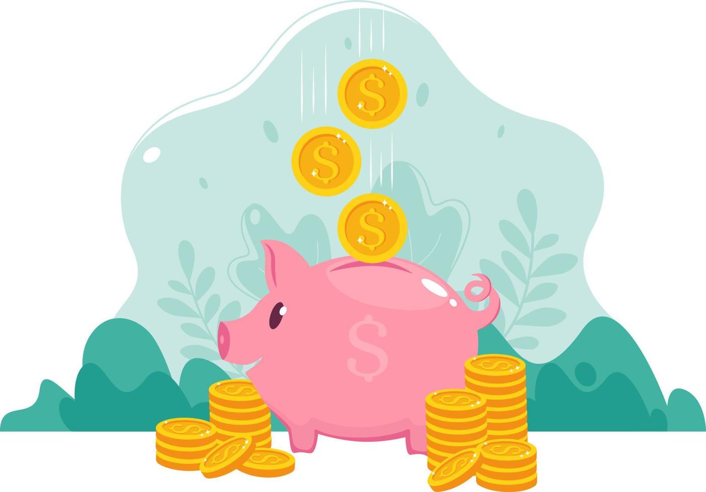 Pink money box. Piggy bank with falling gold coins. Saving money or open a bank deposit. vector