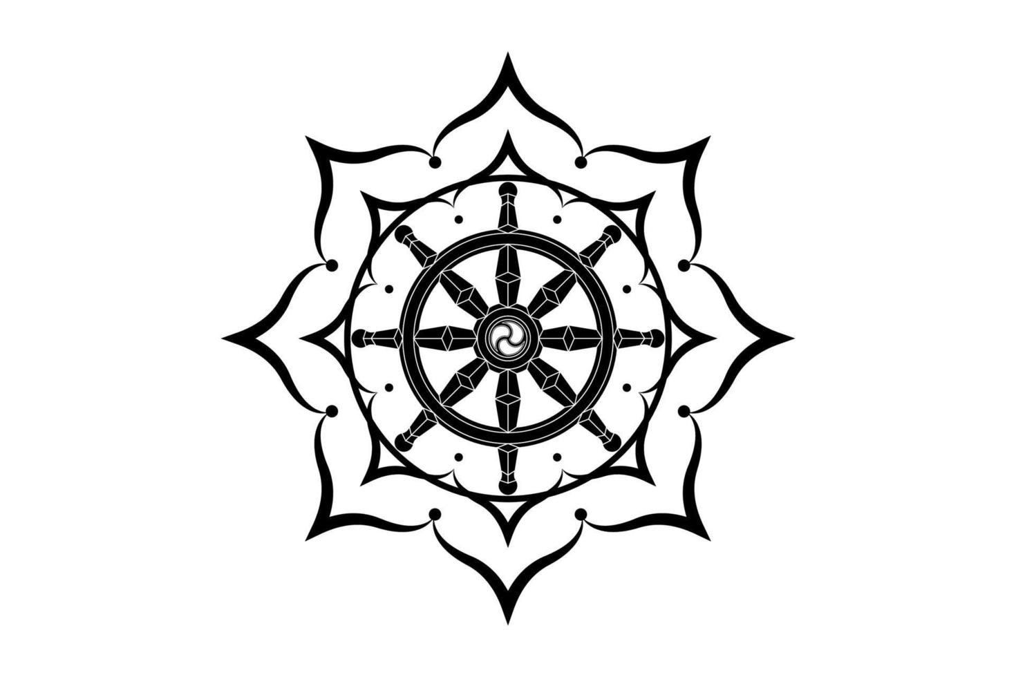 Dharma wheel logo icon. Buddhism sacred lotus flower symbol. Dharmachakra, eight petals. Vector illustration isolated on white background