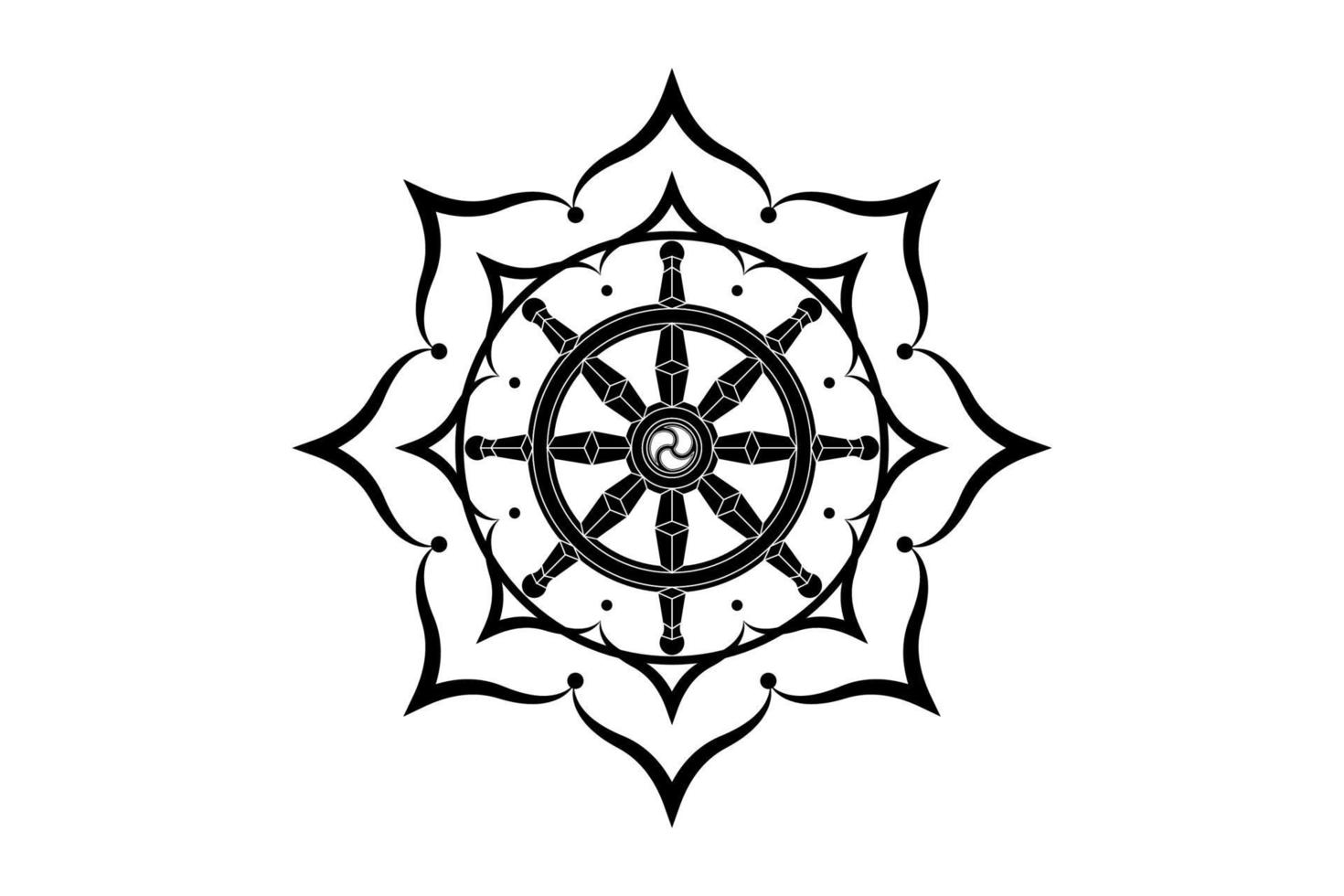 icono del logotipo de la rueda del Dharma. budismo símbolo sagrado de la flor de loto. dharmachakra, ocho pétalos. ilustración vectorial aislado sobre fondo blanco. vector