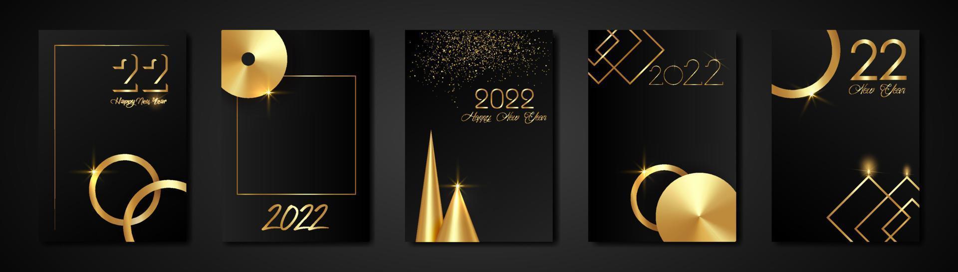 establecer tarjetas 2022 feliz año nuevo textura dorada, fondo moderno negro de lujo dorado, elementos para el calendario y tarjetas de felicitación o invitaciones navideñas de vacaciones de invierno con decoraciones geométricas vector