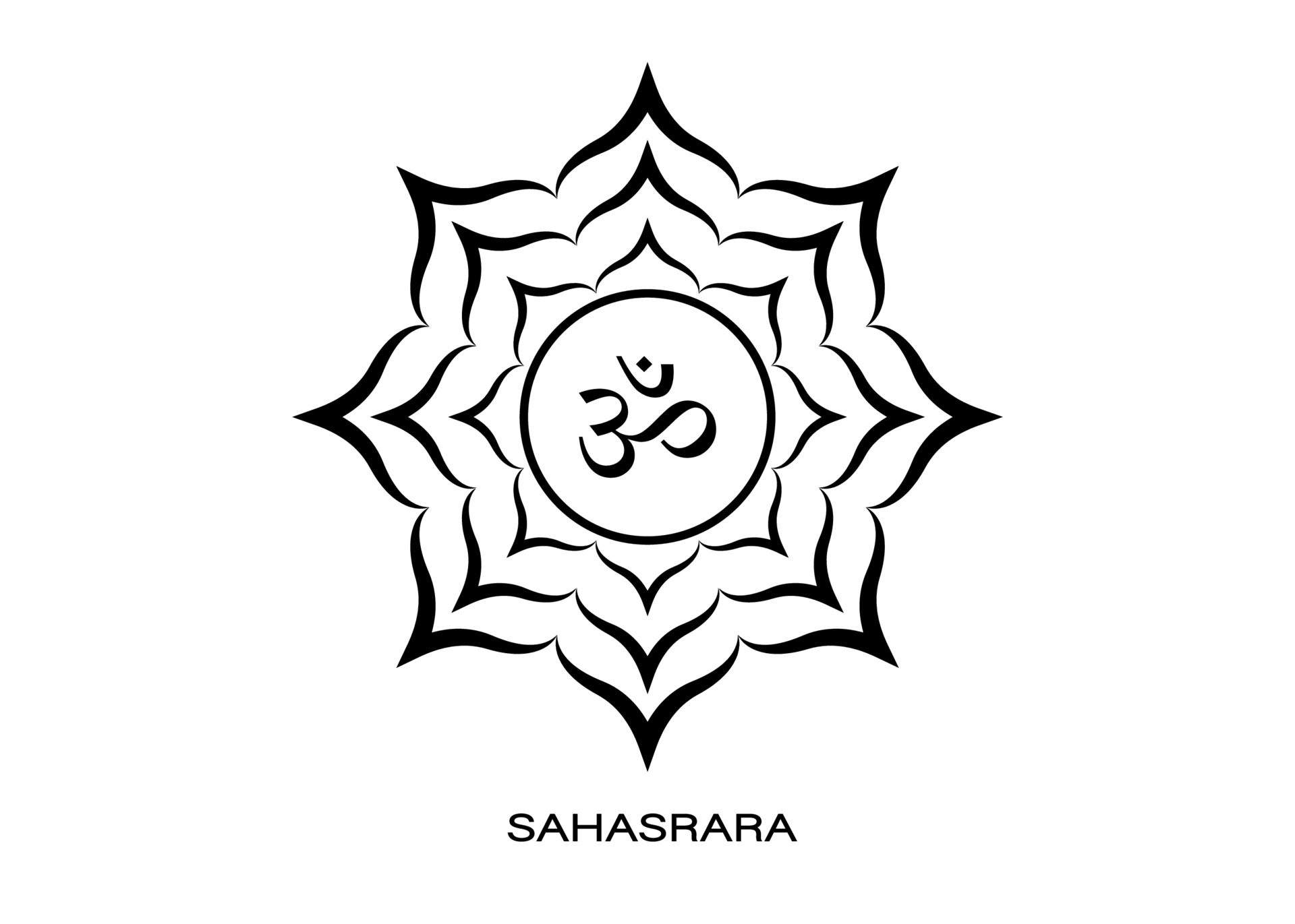 séptimo chakra sahasrara, símbolo om logo plantilla. símbolo del chakra de la corona, meditación de signo sacro de loto, ocho pétalos, tatuaje negro de icono de mandala redondo de yoga, vector aislado