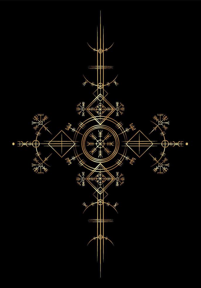 magia antigua vikinga art deco, brújula de navegación vegvisir de oro antigua. los vikingos utilizaron muchos símbolos de acuerdo con la mitología nórdica, ampliamente utilizados en la sociedad vikinga. icono de logotipo wicca signo esotérico vector