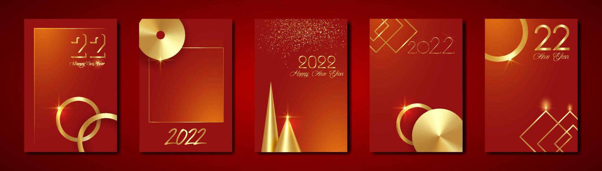 set cards 2022 Happy New Year gold texture, golden luxury red modern background, elements for calendar and greetings card or Christmas themed winter holiday invitations with geometric decorations vector