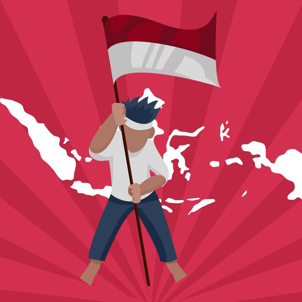 Hombre joven con bandera indonesia adecuada para ilustración temática patriota o nacionalismo vector