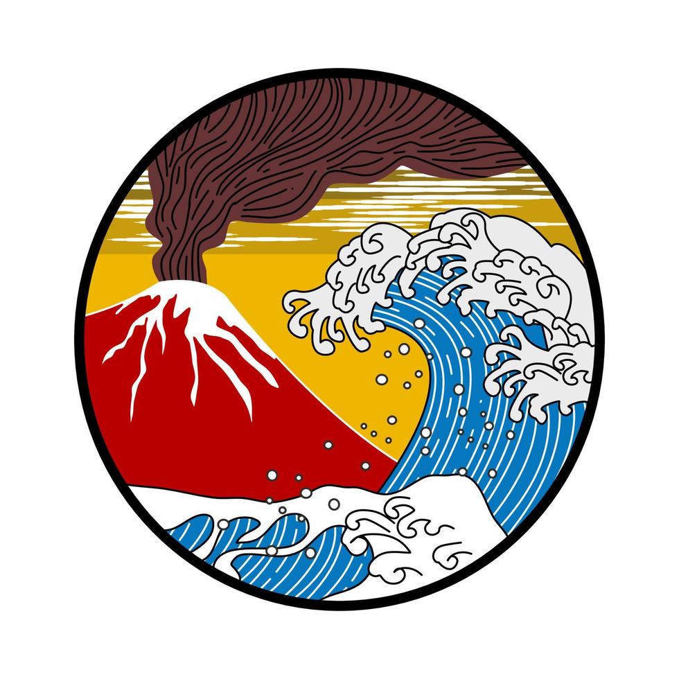 tsunami and volcano eruption in wood block style vector