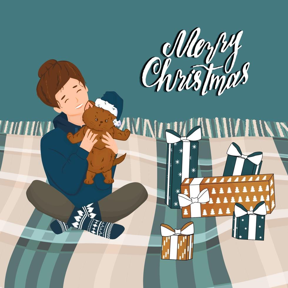 Woman in knitted new year socks and hoodie with cat or kitten in the room on bed with plaid and Merry Christmas text on the wall and bought gifts vector